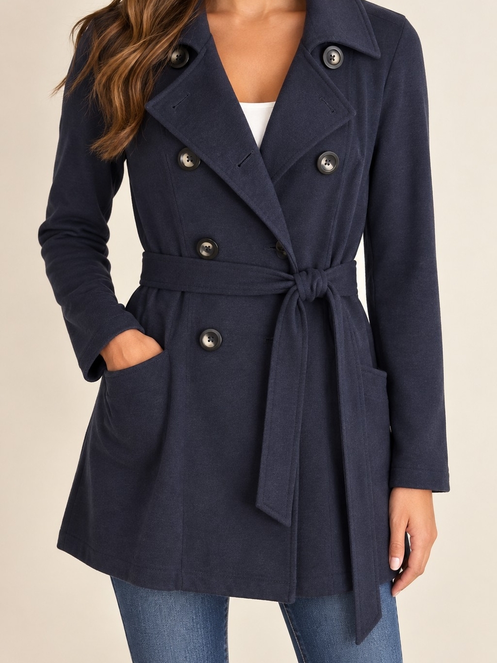 CAbi Navy Blue Peacoat Jacket Belted Double Breasted Size Small